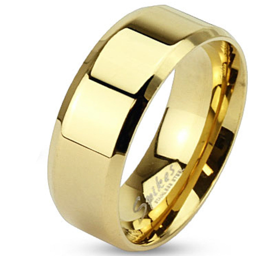 14K Gold Ion Plated Stainless Steel Beveled Edge Wedding Band Ring - Sizes 5-14