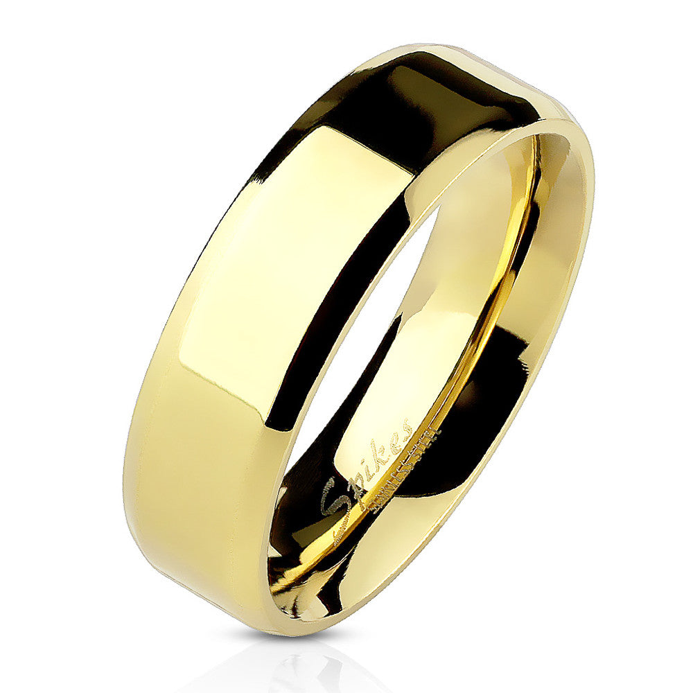 14K Gold Ion Plated Stainless Steel Beveled Edge Wedding Band Ring - Sizes 5-14