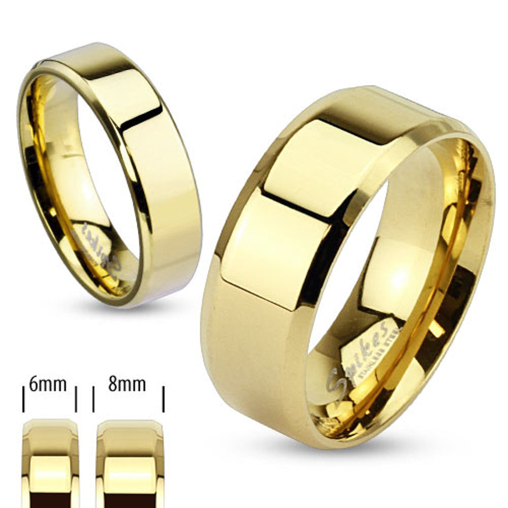 Beveled Edge Flat Band Gold IP Over Stainless Steel Ring