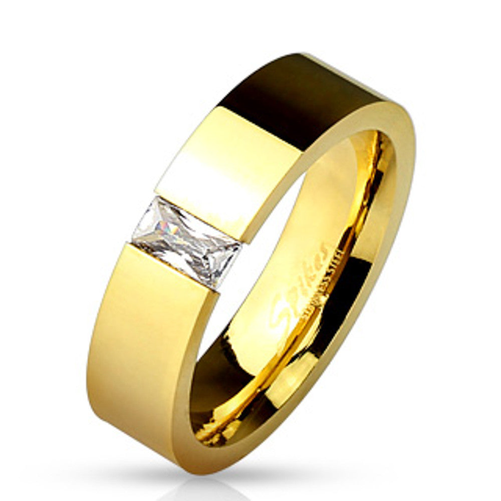 Tension Set Radiant Cut CZ Stainless Steel Gold IP Wedding Band Ring Size 5-13