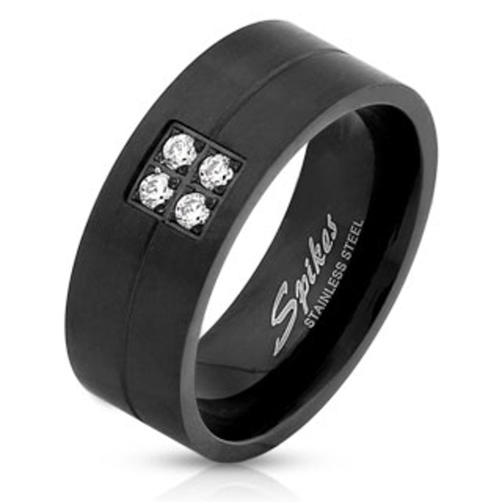 ARS1562K Stainless Steel Men's Brushed Black IP Faux Diamond Wedding Band Ring Size 9-13