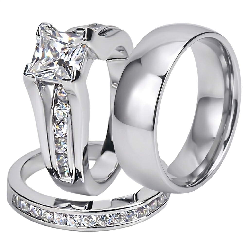 ST0W383-AR001 His and Hers Stainless Steel Princess Wedding Ring Set and Classic Wedding Band