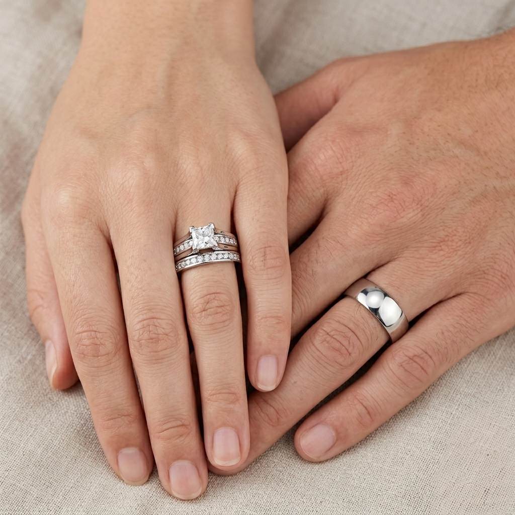 ST0W383-AR001 His and Hers Stainless Steel Princess Wedding Ring Set and Classic Wedding Band