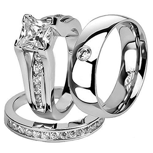 ST0W383-AR001 Hers and His Stainless Steel Princess Wedding Ring Set and Zirconia Wedding Band