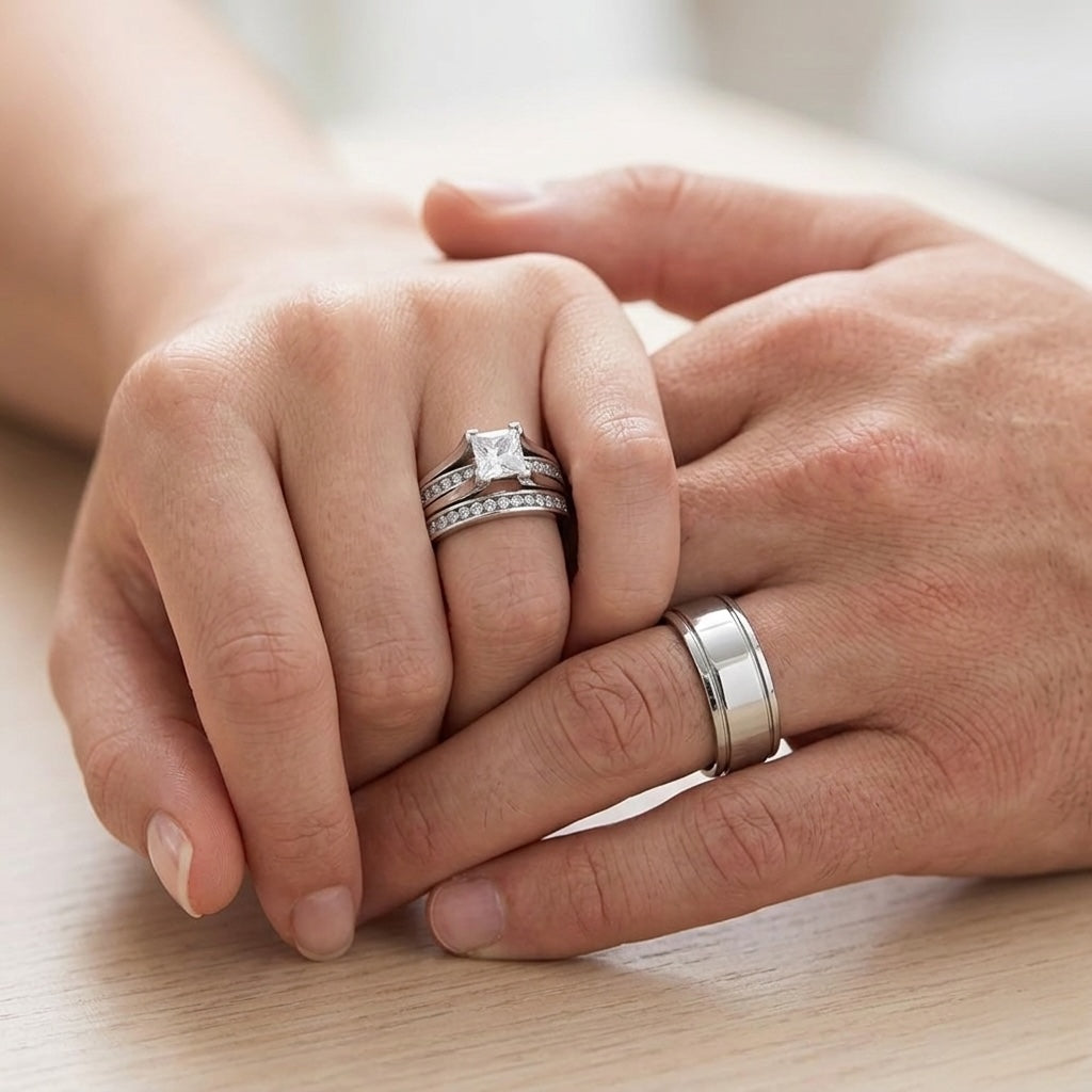 Close-up of two hands with wedding rings on a light wooden surface