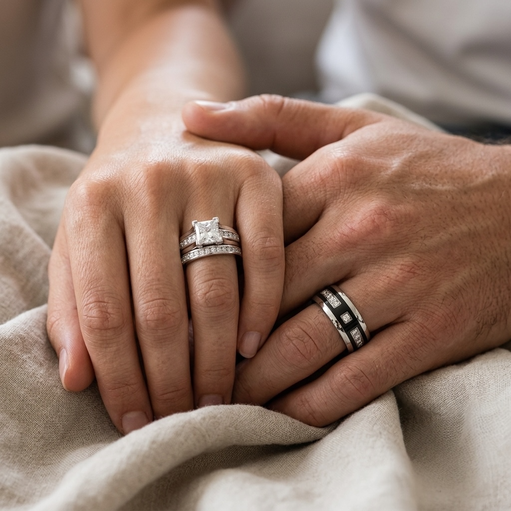 ST0W383-ARTI4317 Hers and His Stainless Steel Princess Wedding Ring Set and Titanium Wedding Band