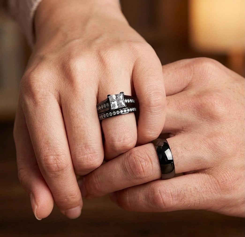 ST0W383J-AR003 His & Hers 3pc Stainless Steel Black Ion Plated