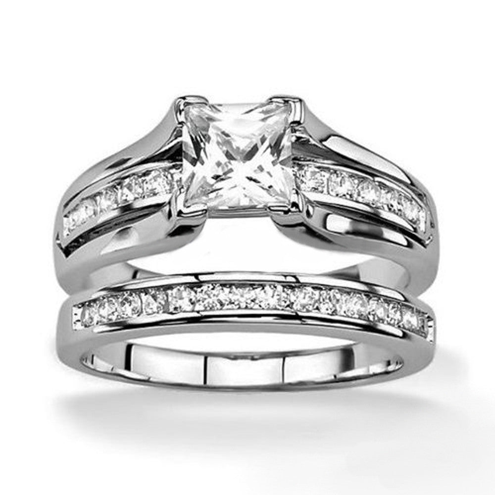 ST0W383-AR001 His and Hers Stainless Steel Princess Wedding Ring Set and Classic Wedding Band