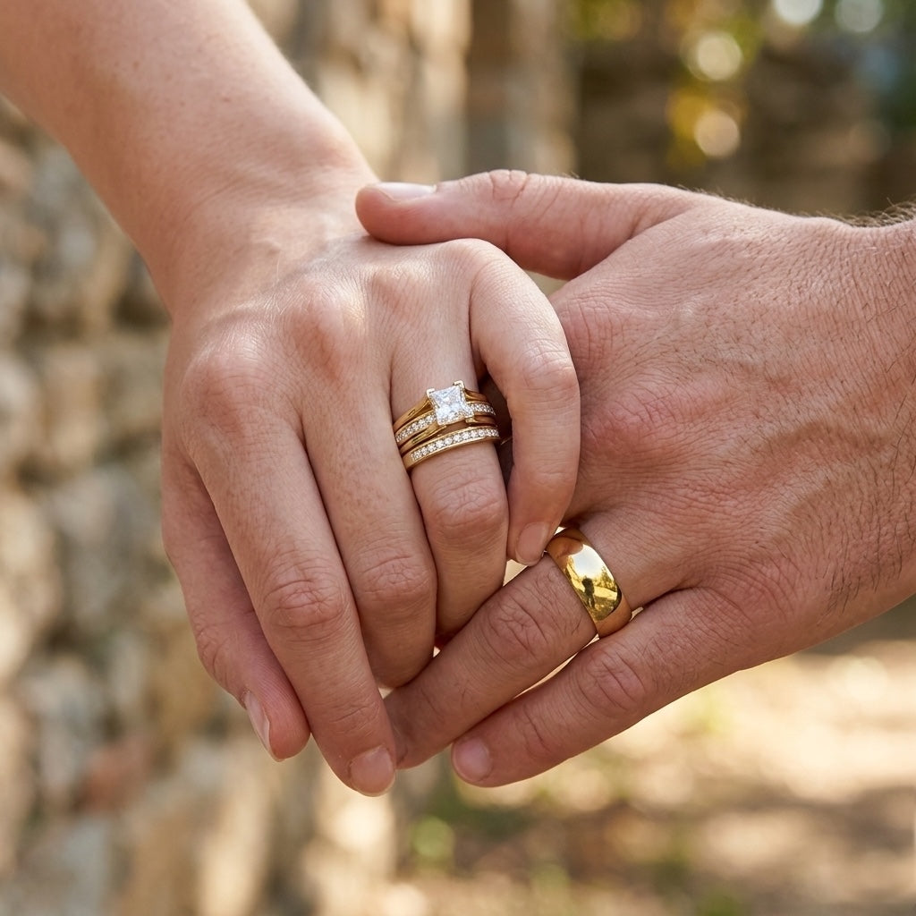Two hands holding each other with wedding rings on a blurred natural background