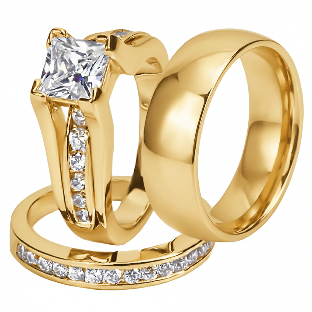 ST0W384-AR002 Her & His 14K G.P. Stainless Steel 3pc Wedding Engagement Ring & Men's Band Set
