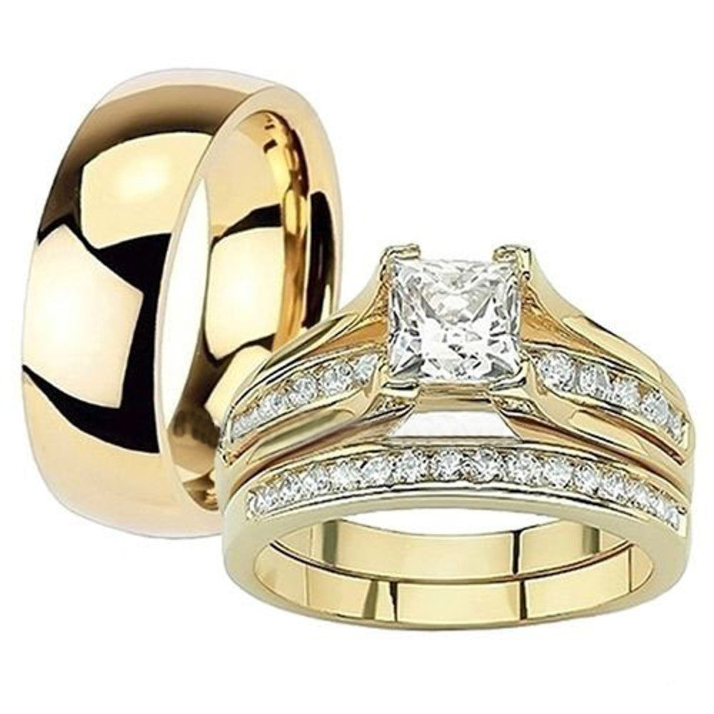 ST0W384-AR002 Her & His 14K G.P. Stainless Steel 3pc Wedding Engagement Ring & Men's Band Set