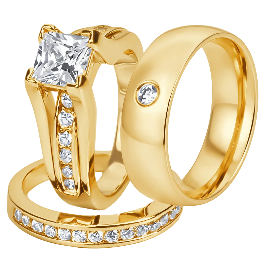 ST0W384-AR012 Her & His 14K G.P. Stainless Steel 3pc Wedding Engagement Ring & Men's Band Set