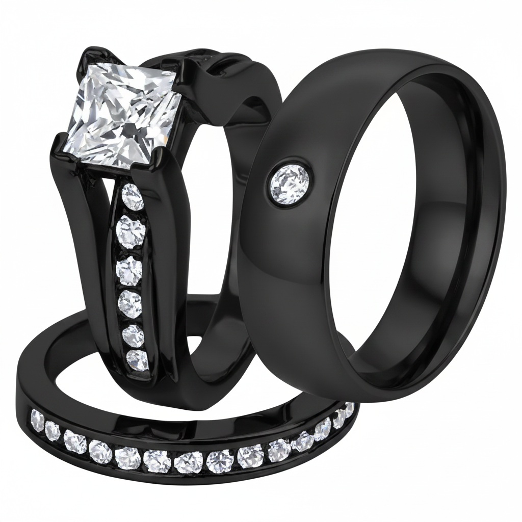 Hers & His Black Ion Plated Stainless Steel 3pc Wedding Engagement Ring Band Set