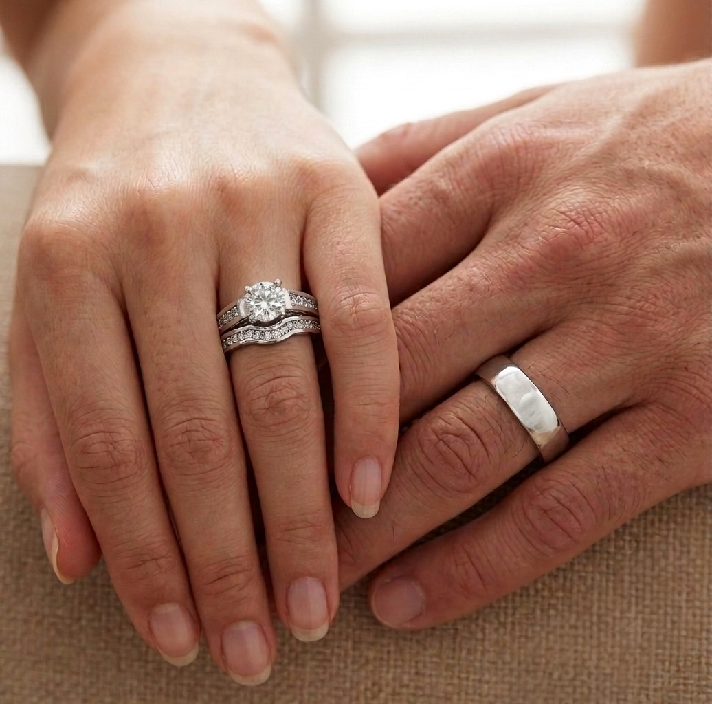ST1231-AR001 His & Her 3pc Stainless Steel 1.75 Ct Cz Bridal Set & Men's Classic Wedding Band