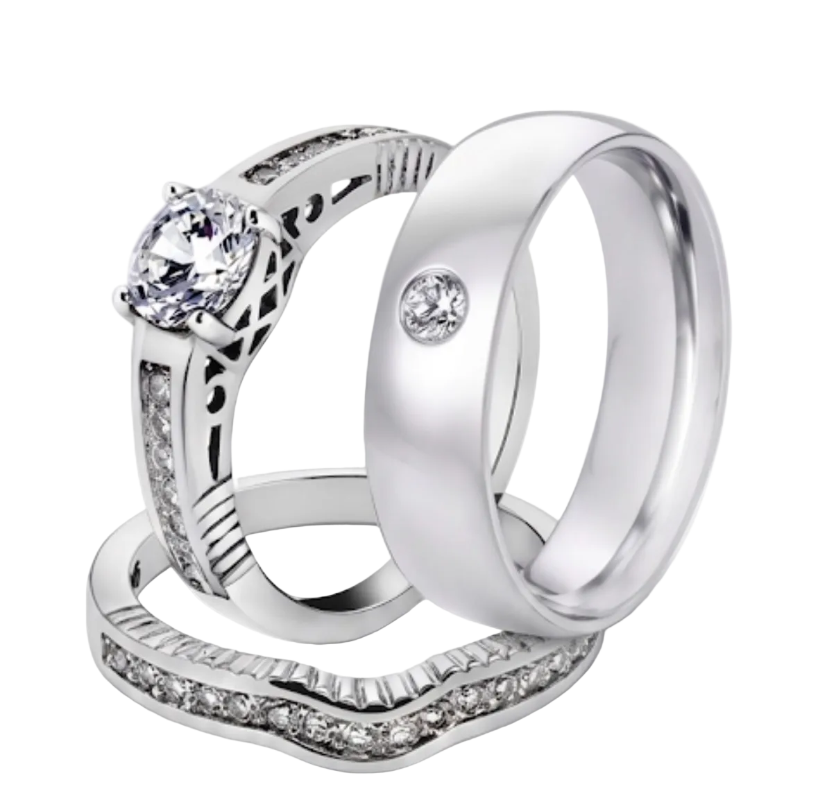 ST1231-AR011 His & Her 3 Pc Stainless Steel 1.75 Ct Cz Bridal Set & Men Zirconia Wedding Band