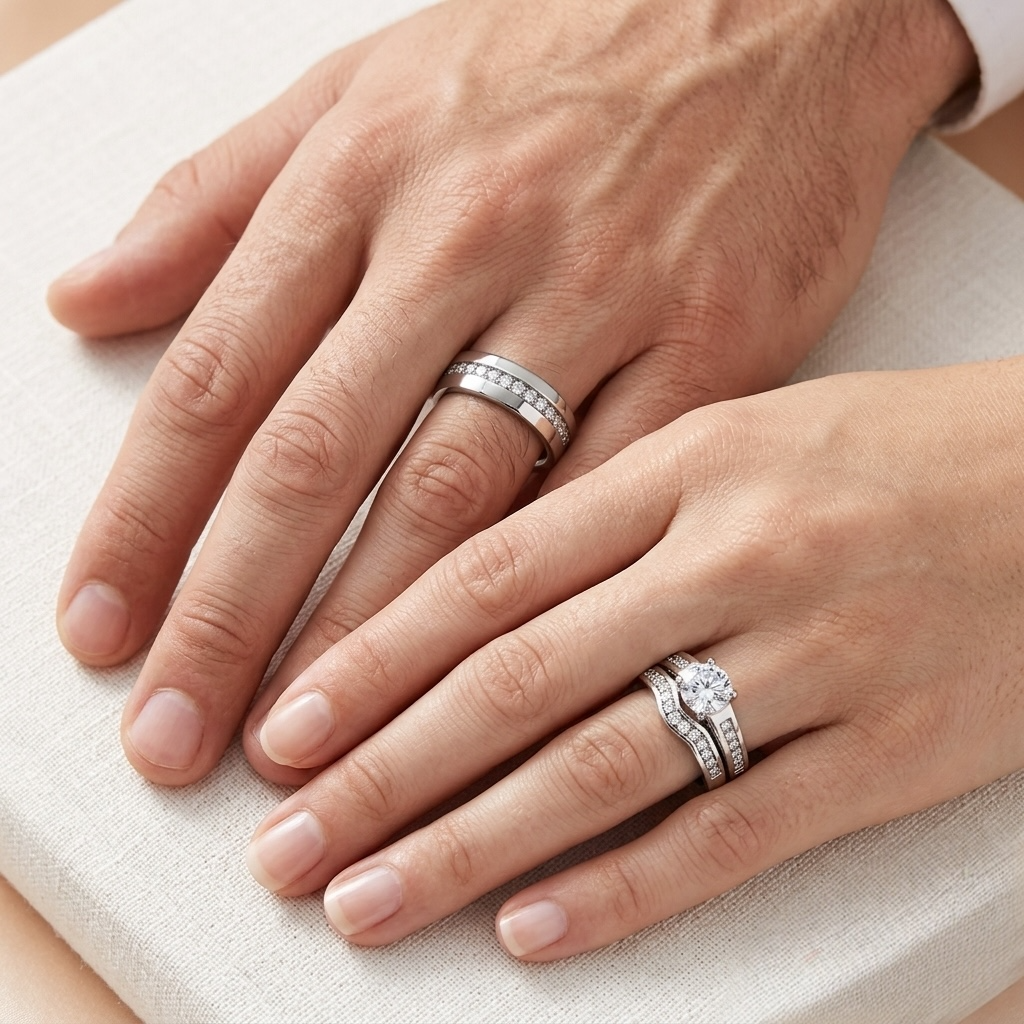ST1231-ARH1570 His & Hers Stainless Steel 1.75 Ct Cz Bridal Set & Men's Eternity Wedding Band