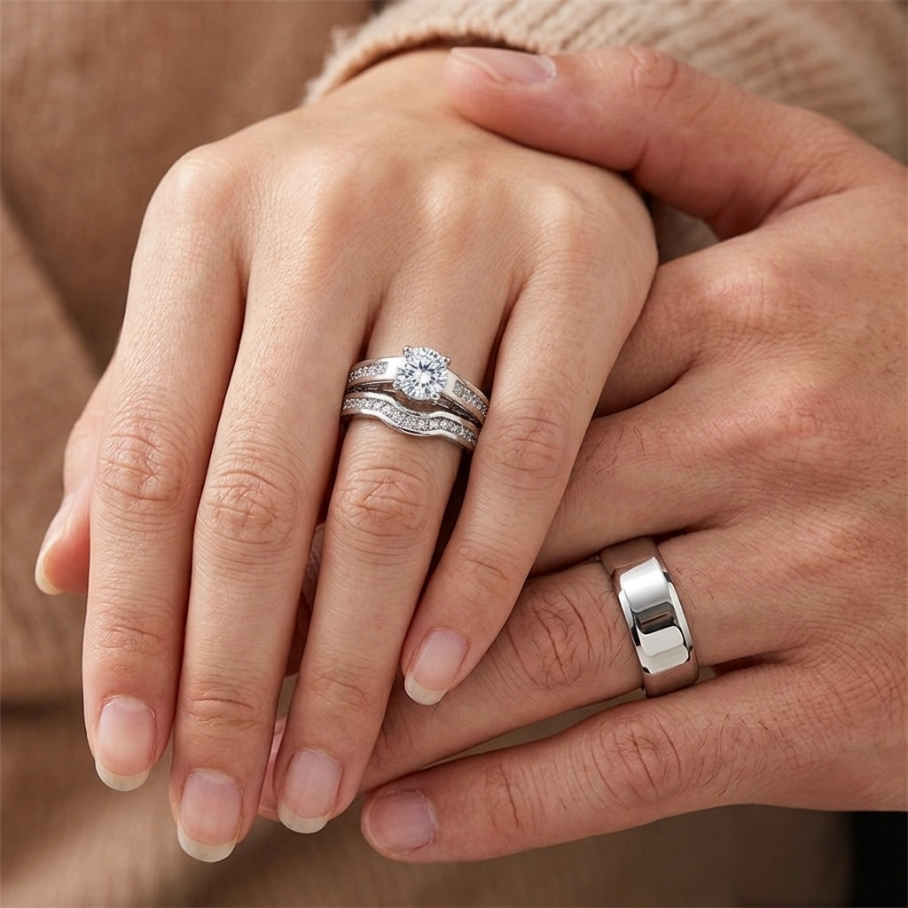 ST1231-ARM0006 His & Her 3pc Stainless Steel 1.75 Ct Cz Bridal Ring Set & Men Beveled Edge Band