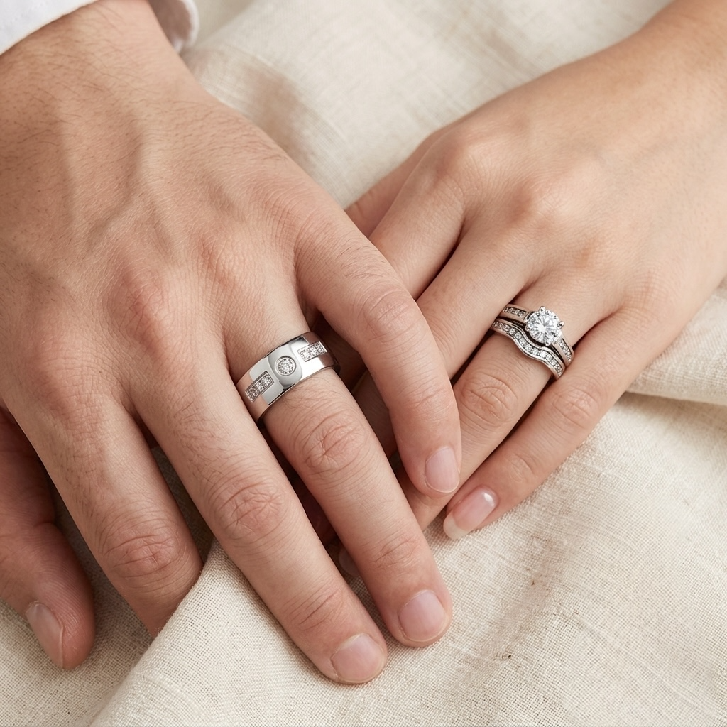 ST1231-ARM4587 His & Her Stainless Steel 1.75 Ct Cz Bridal Ring Set & Men Zirconia Wedding Band