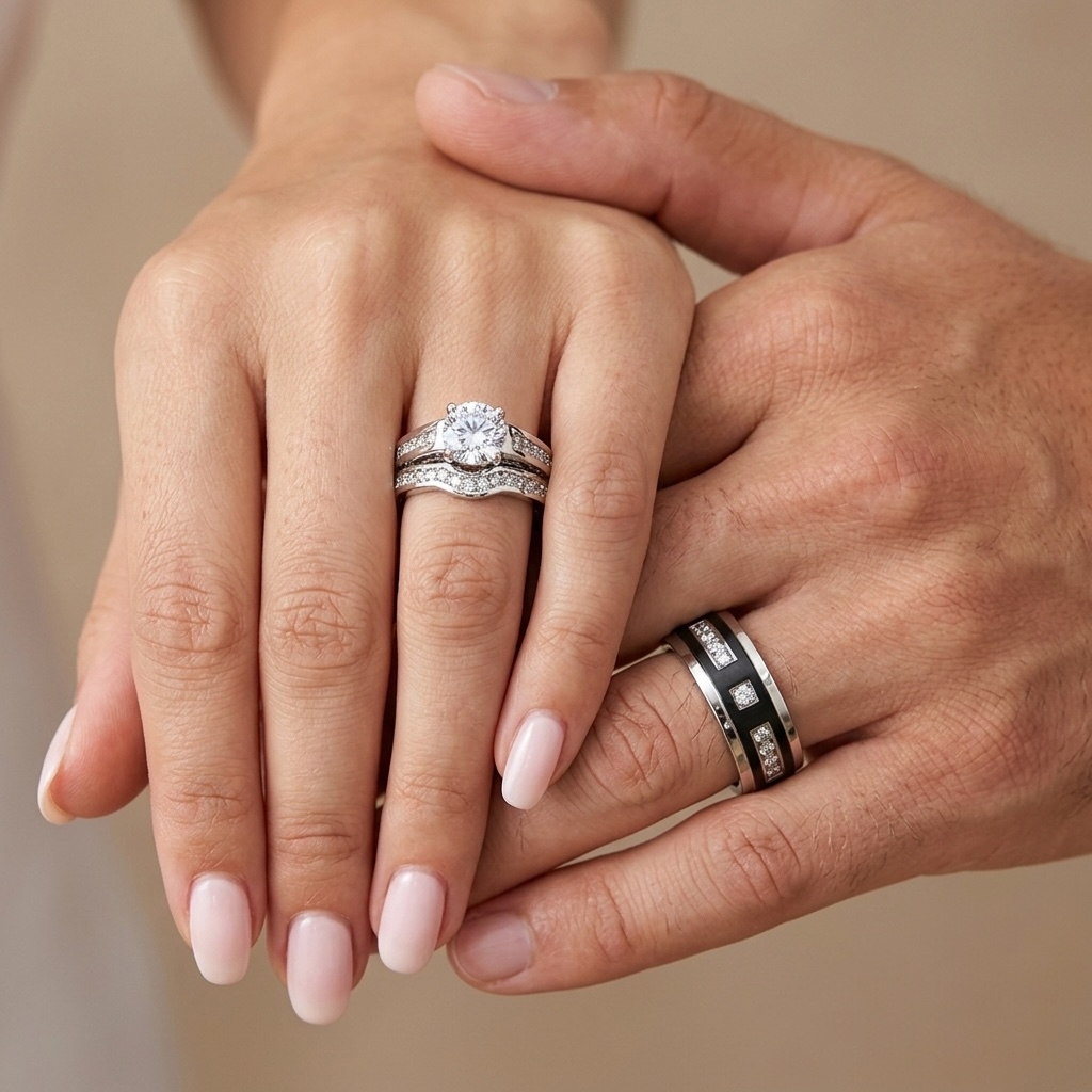 ST1231-ARTI4317 His & Her Stainless Steel 1.75 Ct Cz Bridal Set & Men's Titanium Wedding Band