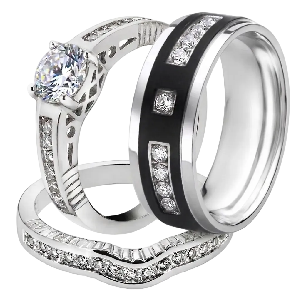 ST1231-ARTI4317 His & Her Stainless Steel 1.75 Ct Cz Bridal Set & Men's Titanium Wedding Band