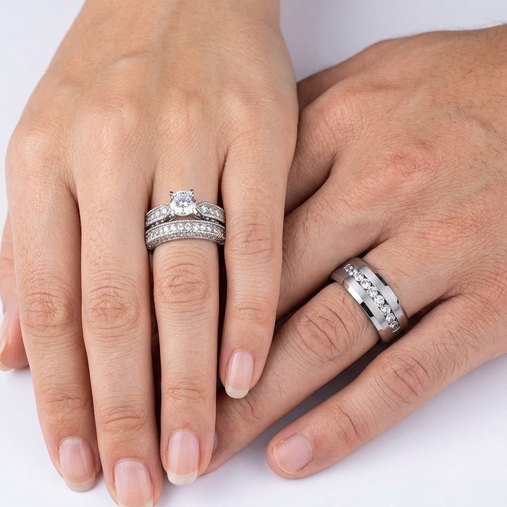 A woman's hand wearing a wedding ring set on top of a man's hand wearing a wedding band on a white background.