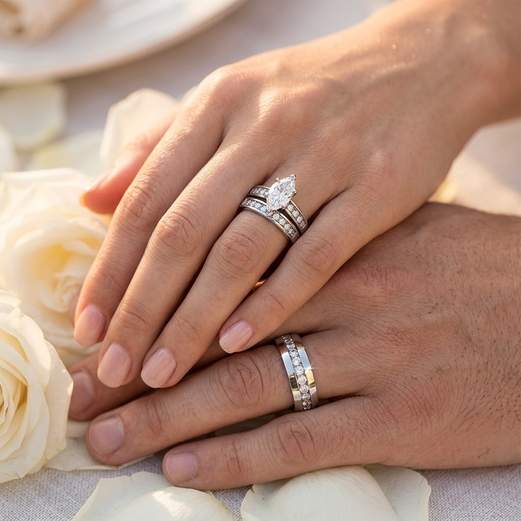 ST1319-ARH1570 His & Hers Stainless Steel 1.65 Ct Cz Bridal Set & Men's Eternity Wedding Band