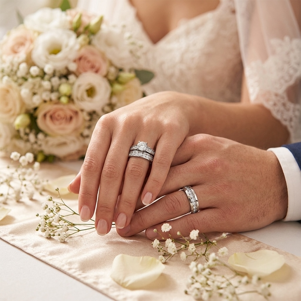 ST1321-ARH1570 His & Hers Stainless Steel 3.25 Ct Cz Bridal Set & Men's Eternity Wedding Band