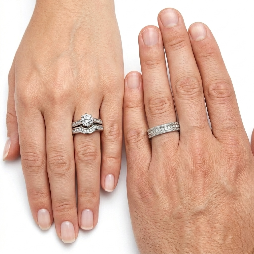 ST1330-ARCJSS485 His & Hers Stainless Steel 1.85 Ct Cz Bridal Set & Men's Eternity Wedding Band