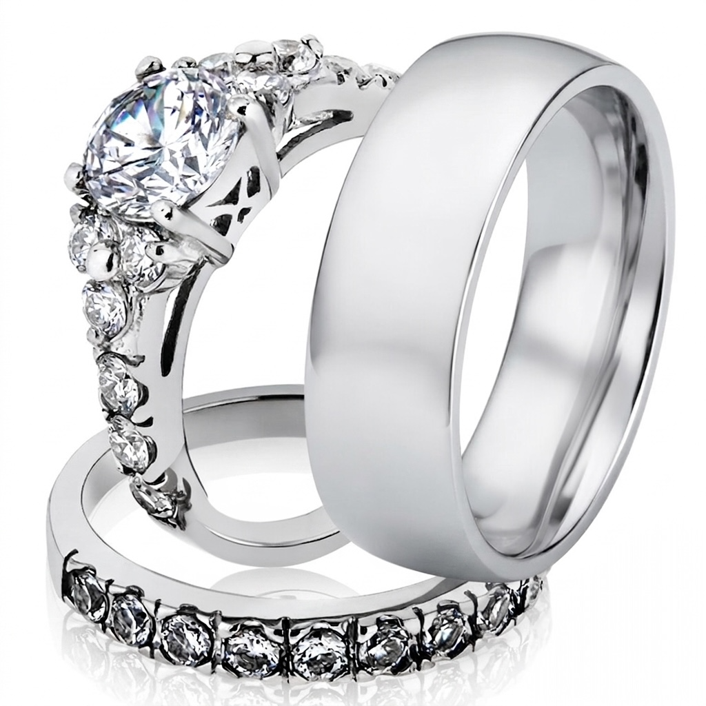 ST1331-AR001 His & Her 3pc Stainless Steel 2.50 Ct Cz Bridal Set & Men's Classic Wedding Band