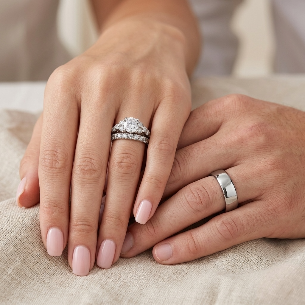 ST1331-AR001 His & Her 3pc Stainless Steel 2.50 Ct Cz Bridal Set & Men's Classic Wedding Band