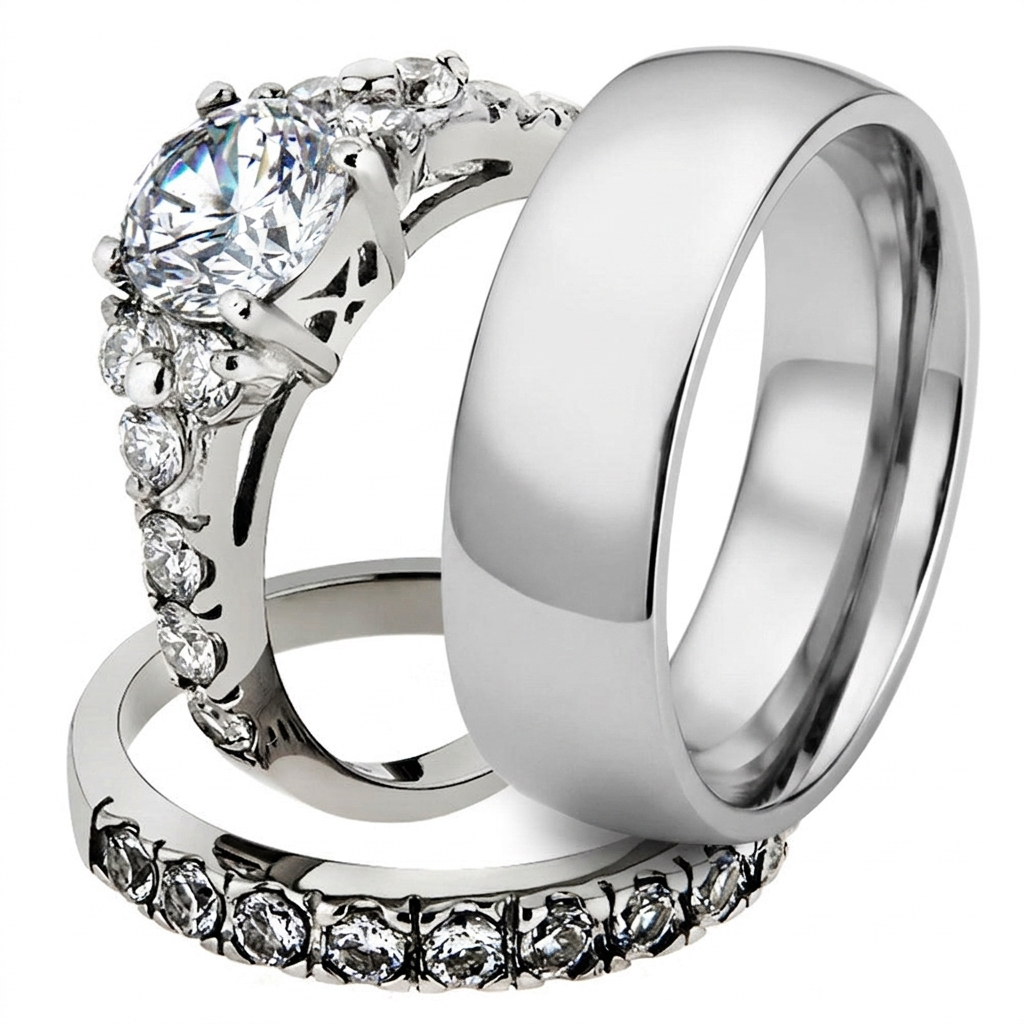 ST1331-AR001 His & Her 3pc Stainless Steel 2.50 Ct Cz Bridal Set & Men's Classic Wedding Band