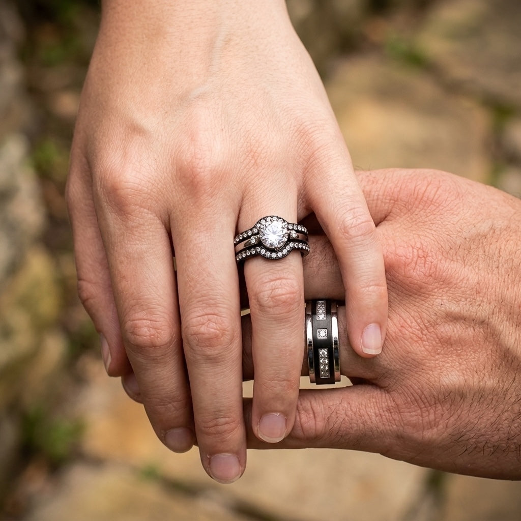 Two hands holding each other with wedding rings on a blurred natural background