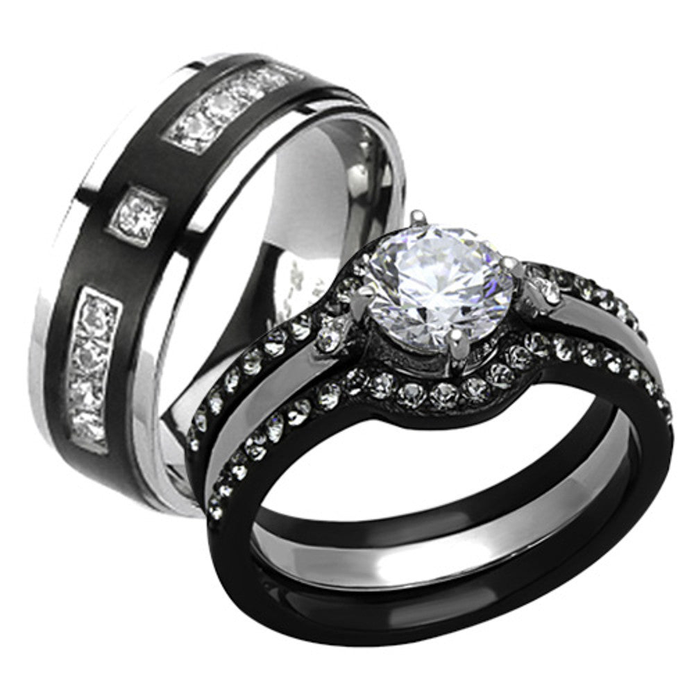 His & Her 4pc Black & Silver Stainless Steel & Titanium Wedding Ring Band Set