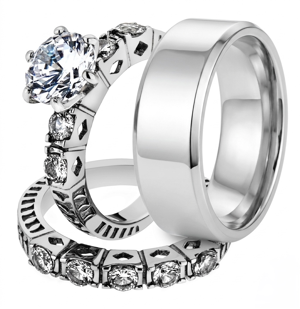 ST1450-ARM0006 His & Her 3pc Stainless Steel 3.10 Ct Cz Bridal Ring Set & Men Beveled Edge Band