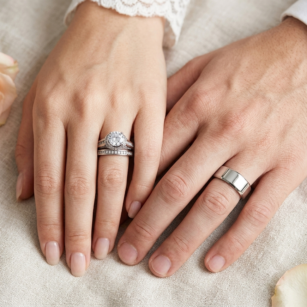 ST1919-ARM0006 His & Her 3pc Stainless Steel 2.75 Ct Cz Bridal Ring Set & Men Beveled Edge Band