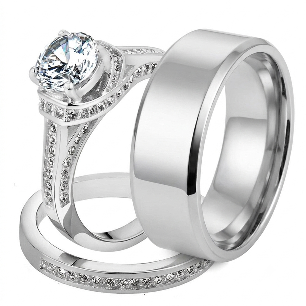 ST1919-ARM0006 His & Her 3pc Stainless Steel 2.75 Ct Cz Bridal Ring Set & Men Beveled Edge Band