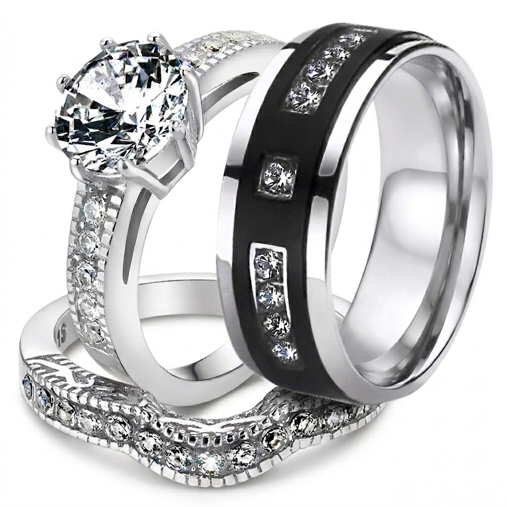 ST1W007-ARTI4317 His & Her 3pc Stainless Steel Vintage Bridal Ring Set & Titanium Wedding Band
