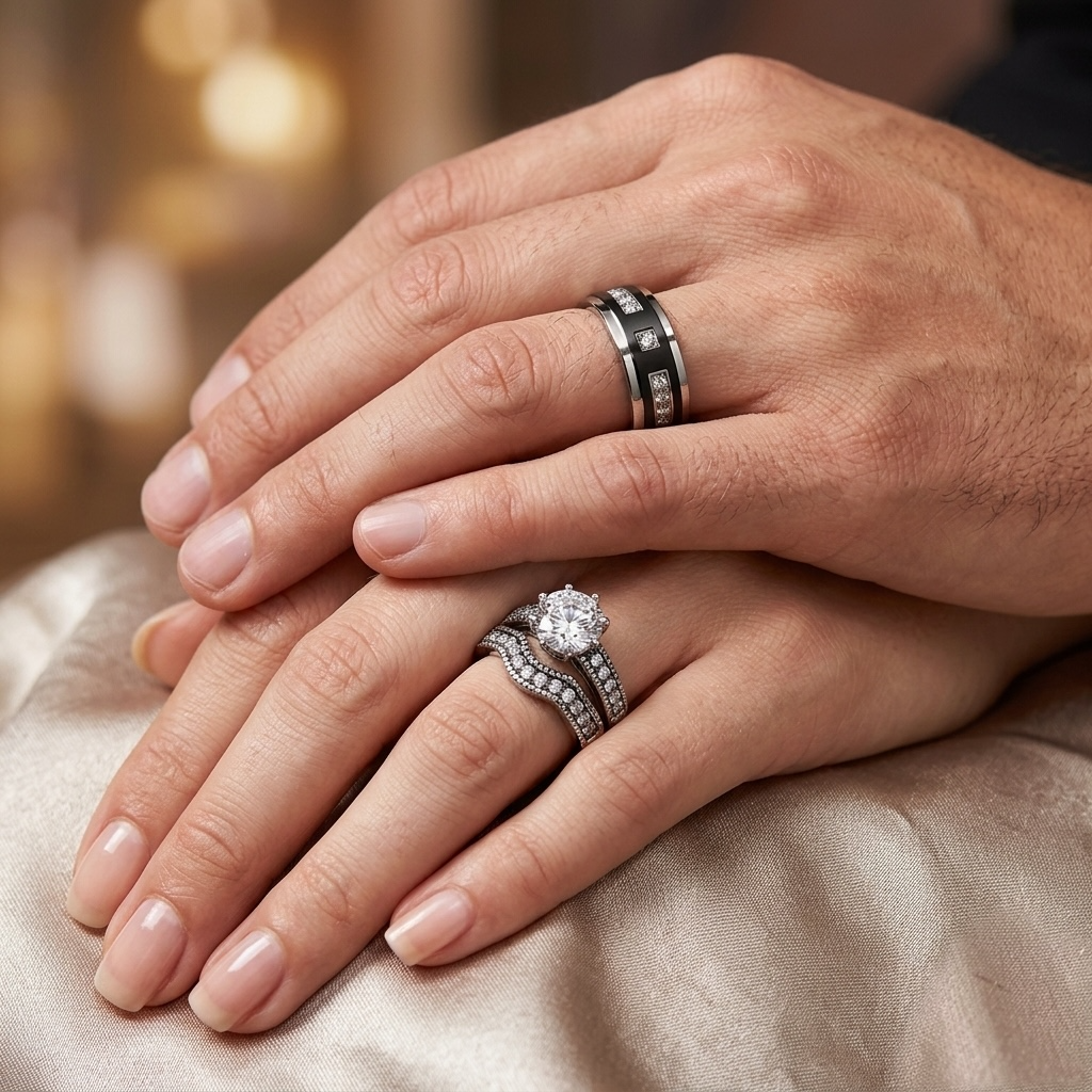 ST1W007-ARTI4317 His & Her 3pc Stainless Steel Vintage Bridal Ring Set & Titanium Wedding Band