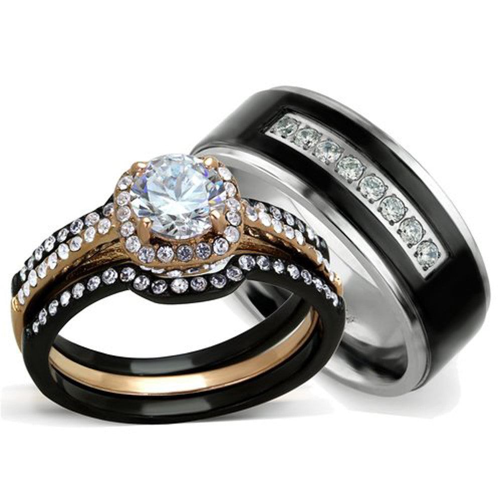 His & Hers 3 PC Rose Gold Stainless Steel Wedding Ring Set & Black Titanium Band