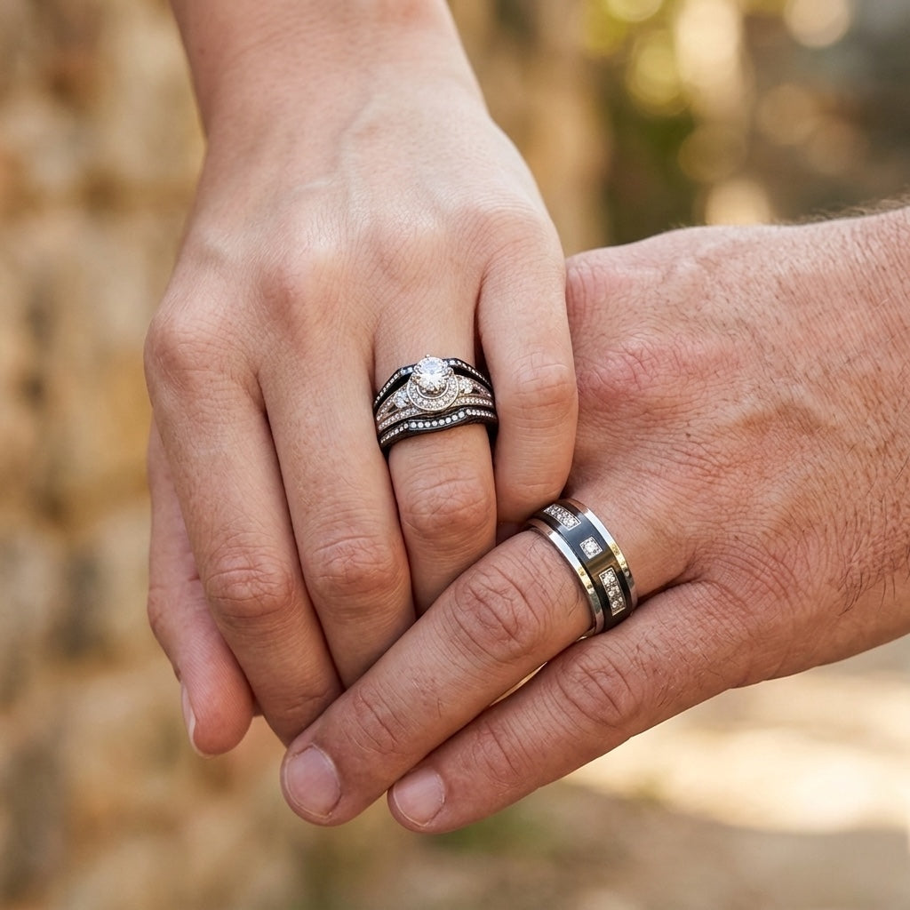 Two hands holding each other with rings on fingers against a blurred natural background