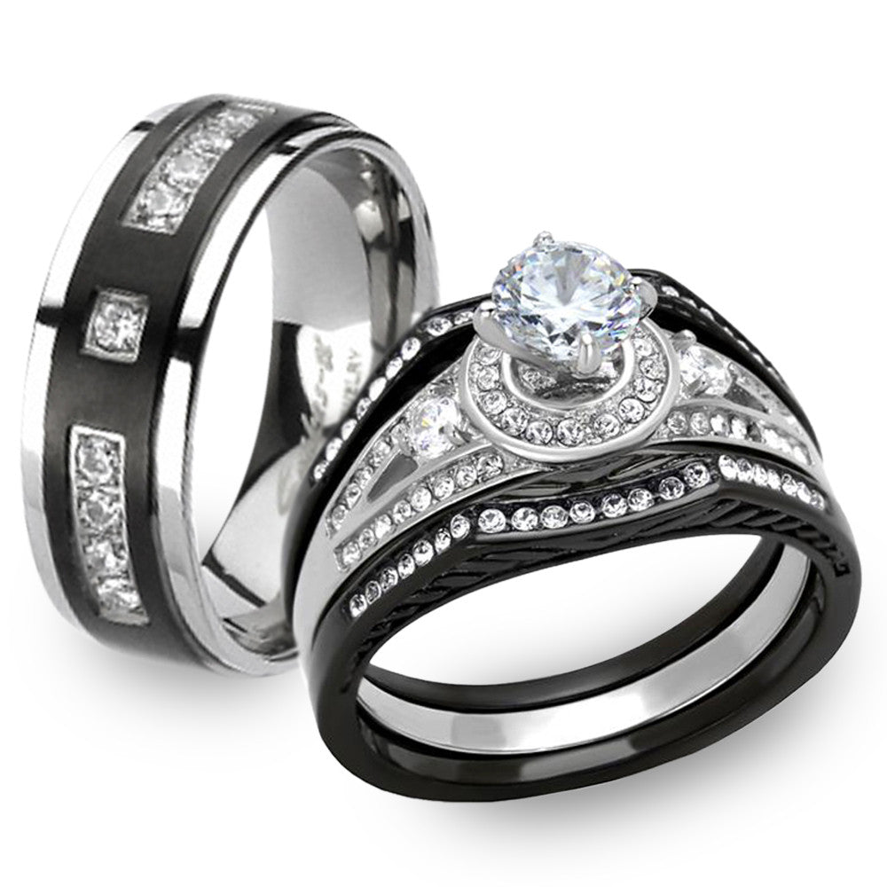 Black & Silver Stainless Steel & Titanium His & Her 4pc Wedding Ring Band Set