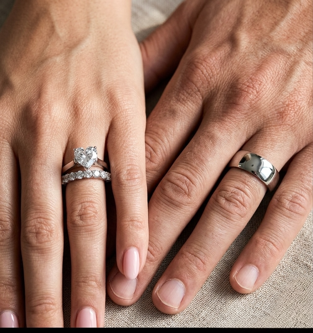 ST2176-AR001 His & Her 3pc Stainless Steel 2.70 Ct Cz Bridal Set & Men's Classic Wedding Band