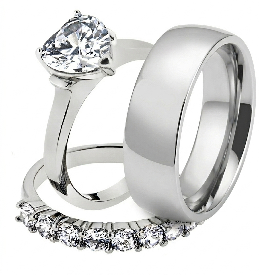 ST2176-AR001 His & Her 3pc Stainless Steel 2.70 Ct Cz Bridal Set & Men's Classic Wedding Band