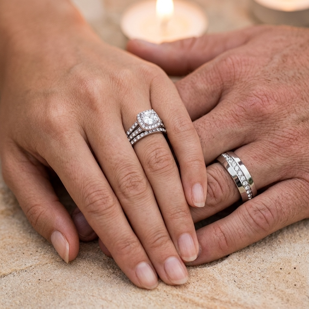ST2180-ARH1570 His & Hers Stainless Steel 1.80 Ct Cz Bridal Set & Men's Eternity Wedding Band