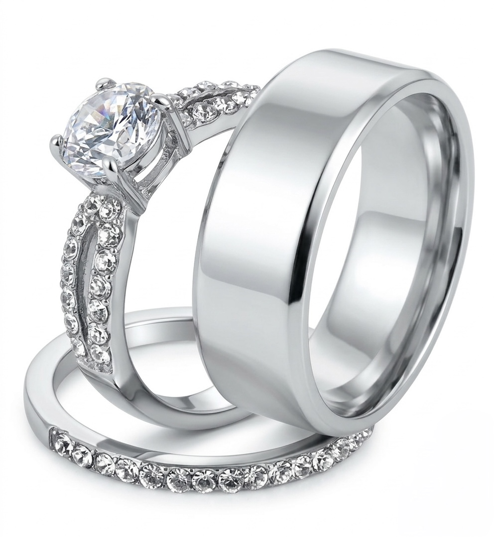 ST2292-ARM0006 His & Her 3pc Stainless Steel 1.25 Ct Cz Bridal Ring Set & Men Beveled Edge Band