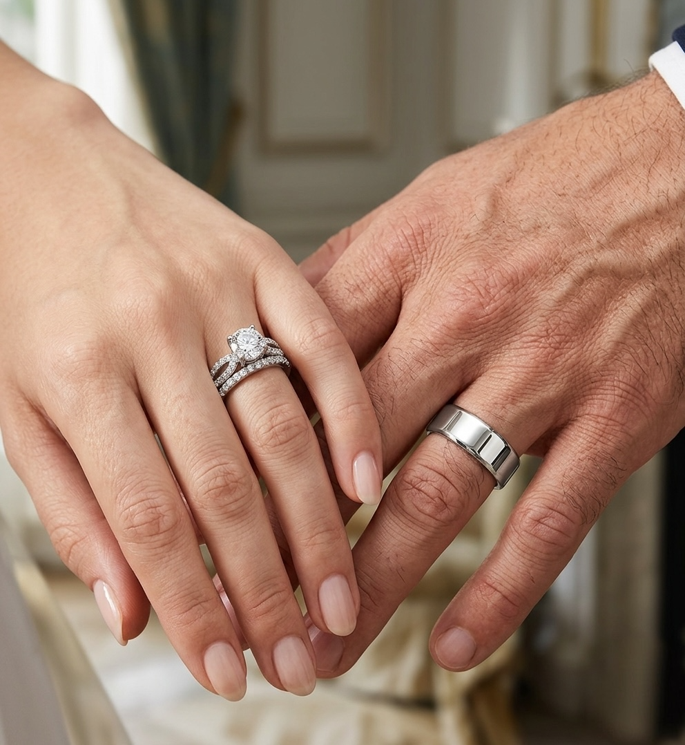ST2292-ARM0006 His & Her 3pc Stainless Steel 1.25 Ct Cz Bridal Ring Set & Men Beveled Edge Band