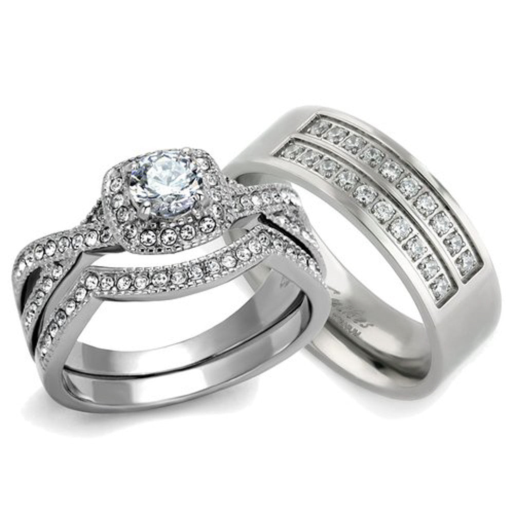 His & Her 3pc Silver Stainless Steel & Titanium Wedding Engagement Ring Band Set