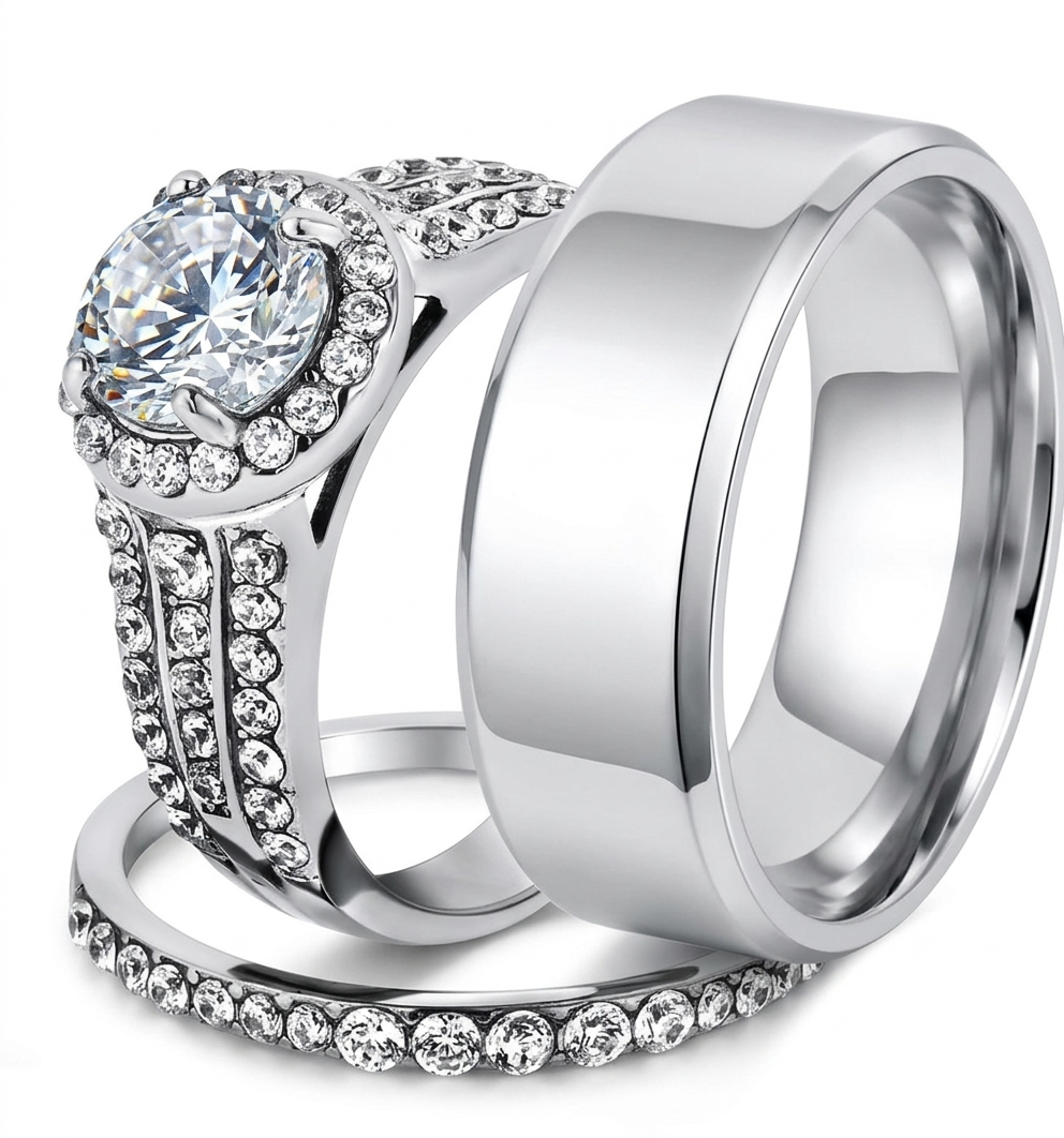 ST2476-ARM0006 His & Her 3pc Stainless Steel 2.45 Ct Cz Bridal Ring Set & Men Beveled Edge Band