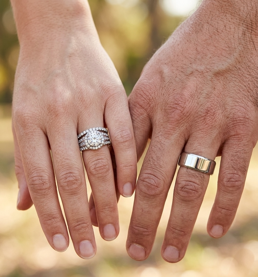 ST2476-ARM0006 His & Her 3pc Stainless Steel 2.45 Ct Cz Bridal Ring Set & Men Beveled Edge Band