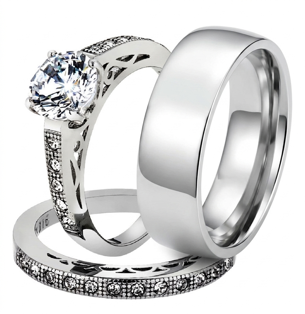 ST2477-AR001 His & Her 3pc Stainless Steel 1.39 Ct Cz Bridal Set & Men's Classic Wedding Band